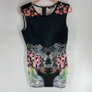 La Pateau Black pink floral abstract Graphic Scuba Sleeveless Dress womens m